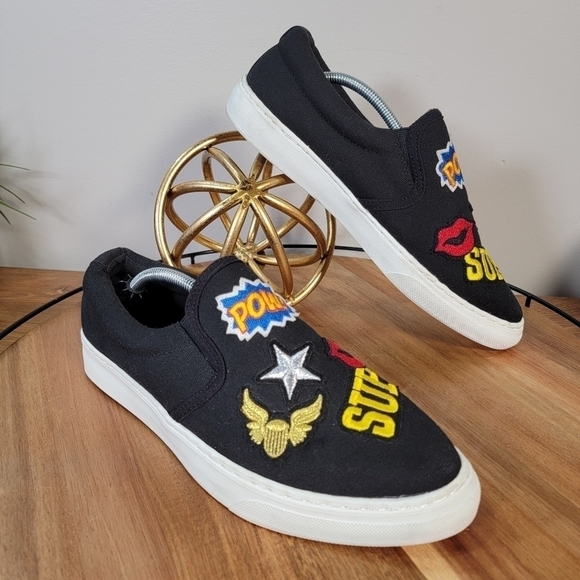 Soda Black Canvas Slip On Sneakers with Embroidered Patches Size 9 - Picture 6 of 15